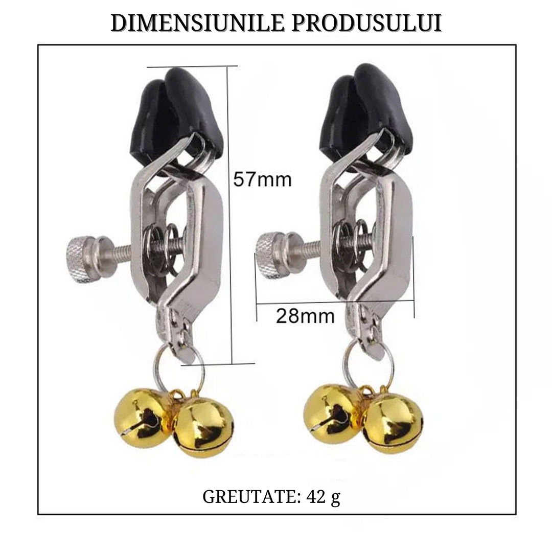 Clesti pentru sfarcuri, din otel inoxidabil, cu clopotei aurii - LovePlay