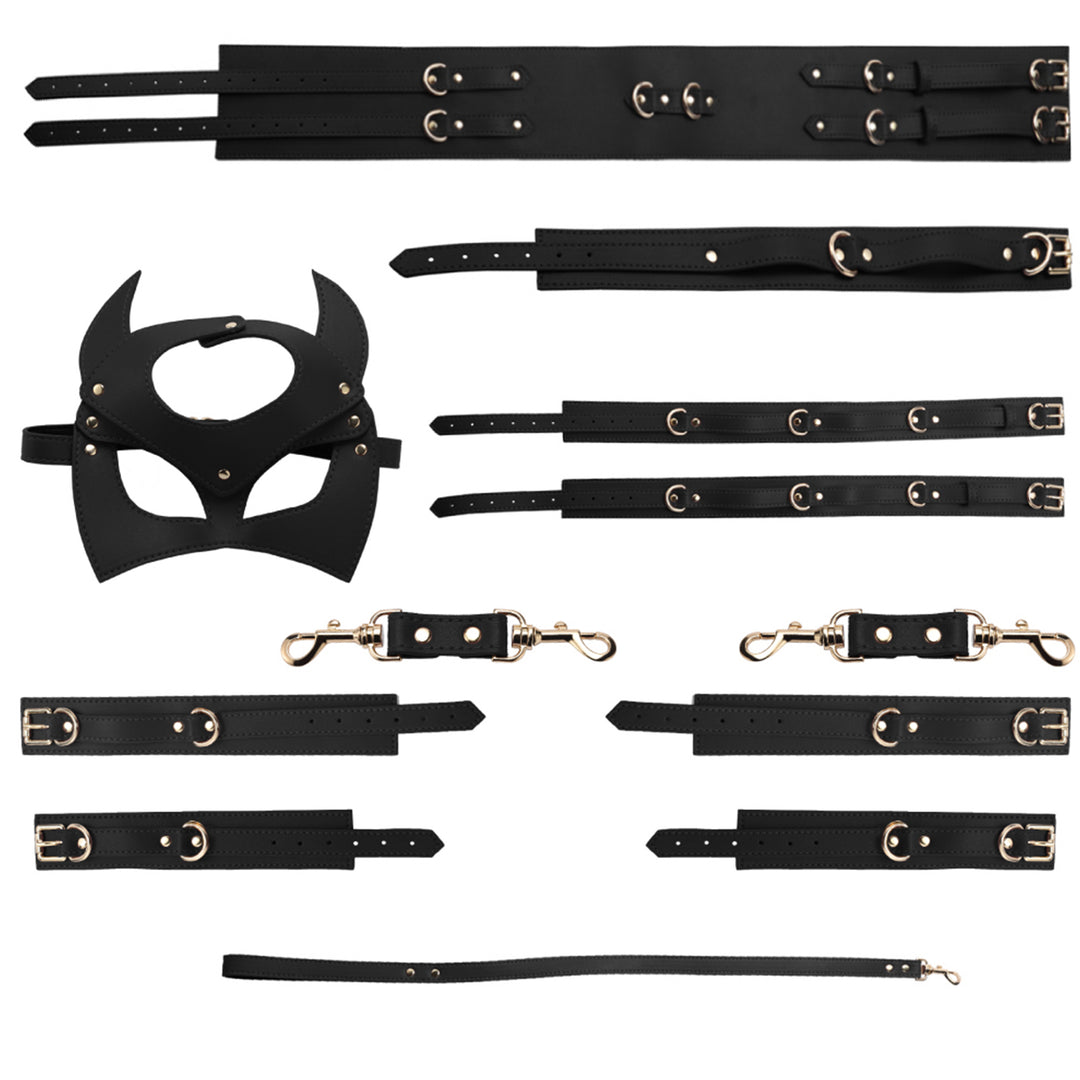 Set Complet de Accesorii BDSM, format din masca, lesa, zgarda din piele ecologica, catuse de maini si picioare, din piele ecologica, culoare negru - LovePlay