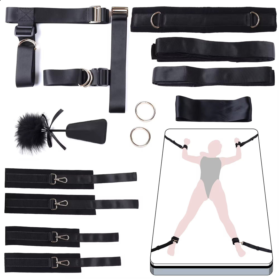 Set catuse erotice BDSM LovePlay™ Attitude, tip mansete, design adjustabil, ideal pentru pat, negru, din piele ecologica - LovePlay