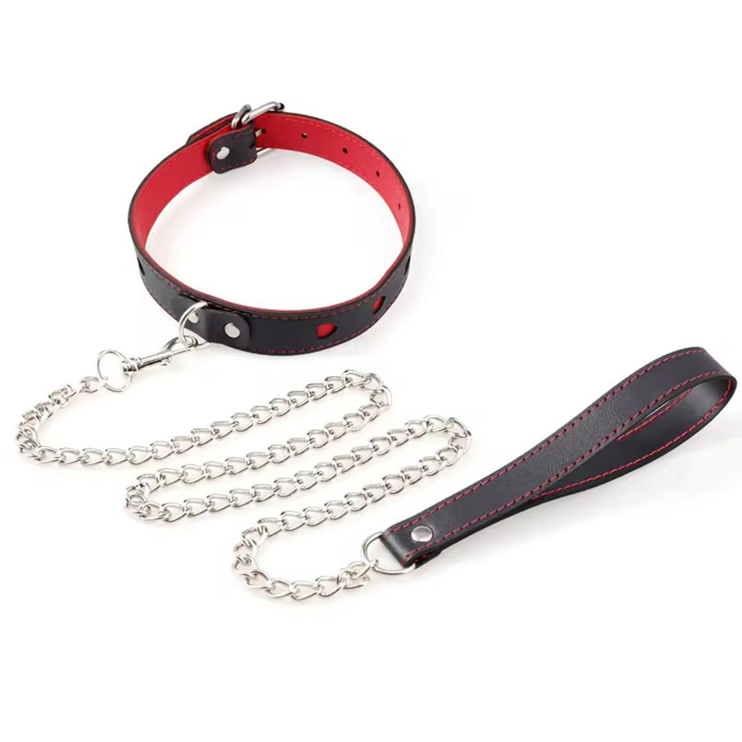 Set 2in1 WalkMe LovePlay™ cu zgarda si lesa erotice BDSM, din piele egologica, negru cu rosu, ajustabil, cu lant din otel inoxidabil argintiu, zgarda 48.8 cm, lesa 100 cm, 142.5 g - LovePlay