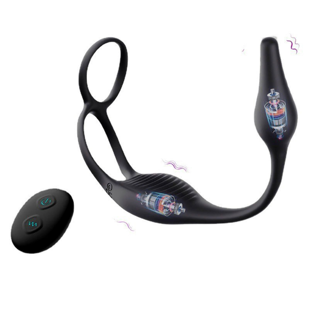 Set 2 in 1 LovePlay™ VibeLock, Vibrator Anal pentru stimularea prostatei si Inel de penis, cu 10 tipuri diferite de vibratie, control de la distanta prin telecomanda, rezistent la apa, din silicon, 30 x 2.5 x 2.5 cm - LovePlay