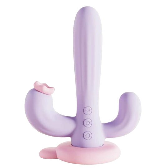 Vibrator LovePlay™ Cactus cu 10 tipuri diferite de vibratie si suctie, stimulare tripla, punctul G, punctul C si anal, din silicon, mov, rezistent la apa, incarcare magnetica, design discret, usor de folosit - LovePlay