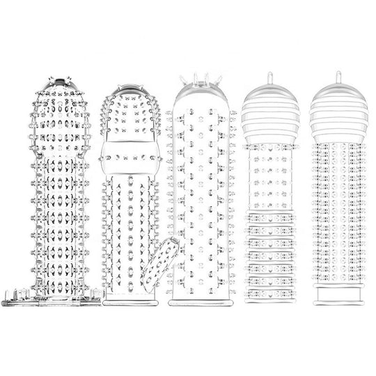 Set de 5 prezervative LovePlay™ BestTime, transparent, cu striatii, din silicon premium, cu efect de extensie, stimulare clitoridiana, usor de transportat si utilizat - LovePlay