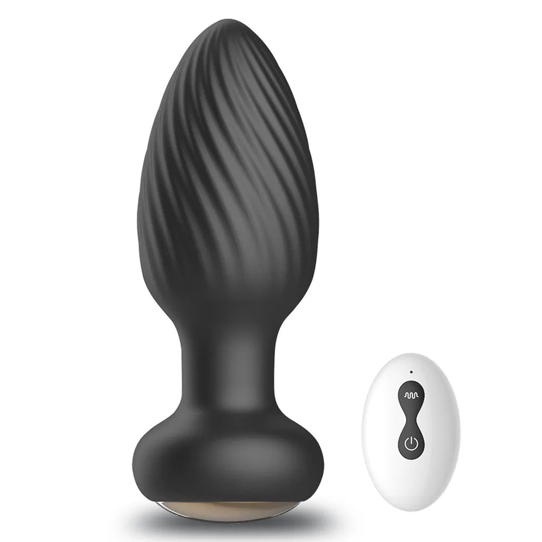 Dop Anal LovePlay™ TwistGasm, cu 7 moduri de rotatii, 7 moduri de vibratii, pentru stimulare anala si punct G, control prin aplicatie, telecomanda, rezistent la apa, din silicon, negru, diametru 35 mm - LovePlay