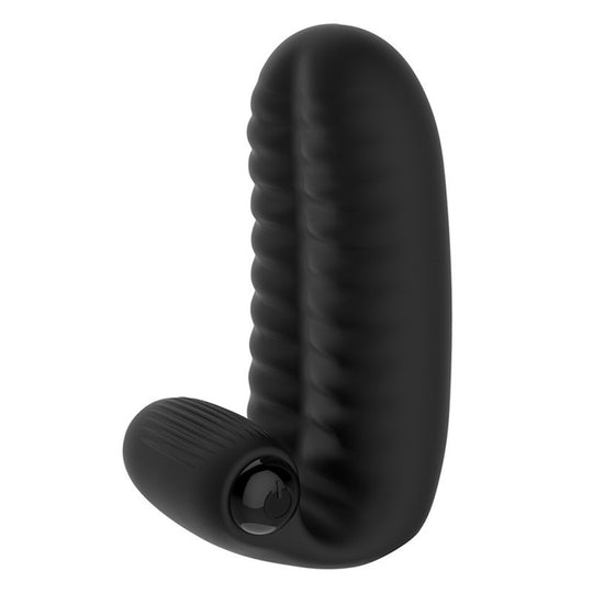 Vibrator LovePlay™ TwoFingers, 10 moduri diferite de vibratie, cu striatii, stimulare clitoris si punct G, silentios, reincarcabil, rezistent la apa, atasabil, usor de curatat si transportat, design discret, din silicon, negru - LovePlay
