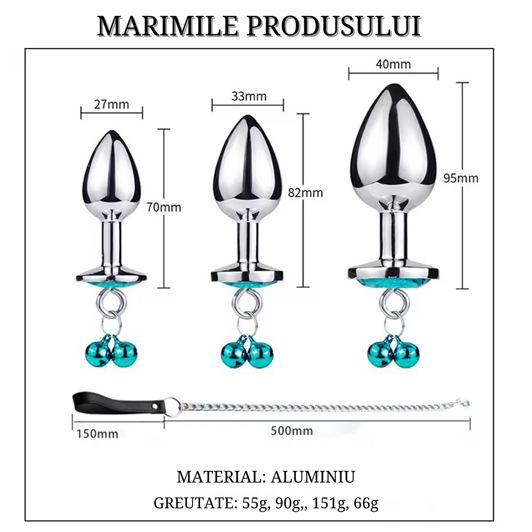 Set dop anal si lesa LovePlay™ GoodGirl, din otel inoxidabil si piele, cu clopotei, rezistent la apa, albastru, lungime 70 mm, diametru 27 mm - LovePlay