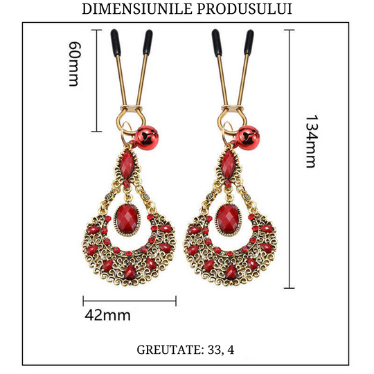 Clesti aurii LovePlay™ LittleBell, pentru sfarcuri, din otel inoxidabil, tip cercei, cu clopotei rosii - LovePlay