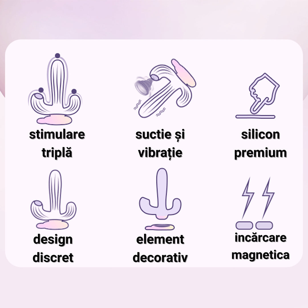 Vibrator LovePlay™ Cactus cu 10 tipuri diferite de vibratie si suctie, stimulare tripla, punctul G, punctul C si anal, din silicon, mov, rezistent la apa, incarcare magnetica, design discret, usor de folosit - LovePlay