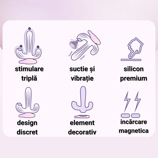Vibrator LovePlay™ Cactus cu 10 tipuri diferite de vibratie si suctie, stimulare tripla, punctul G, punctul C si anal, din silicon, mov, rezistent la apa, incarcare magnetica, design discret, usor de folosit - LovePlay