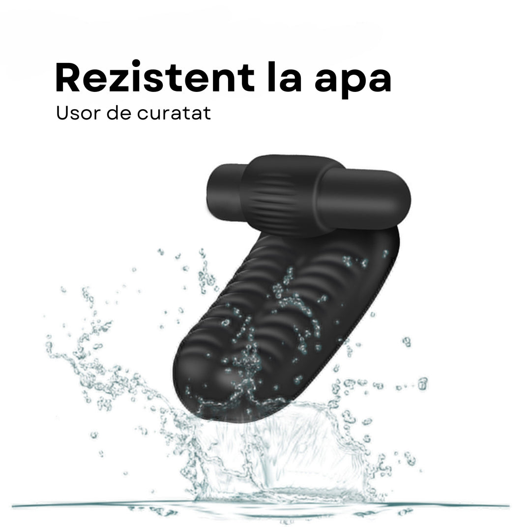 Vibrator LovePlay™ TwoFingers, 10 moduri diferite de vibratie, cu striatii, stimulare clitoris si punct G, silentios, reincarcabil, rezistent la apa, atasabil, usor de curatat si transportat, design discret, din silicon, negru - LovePlay