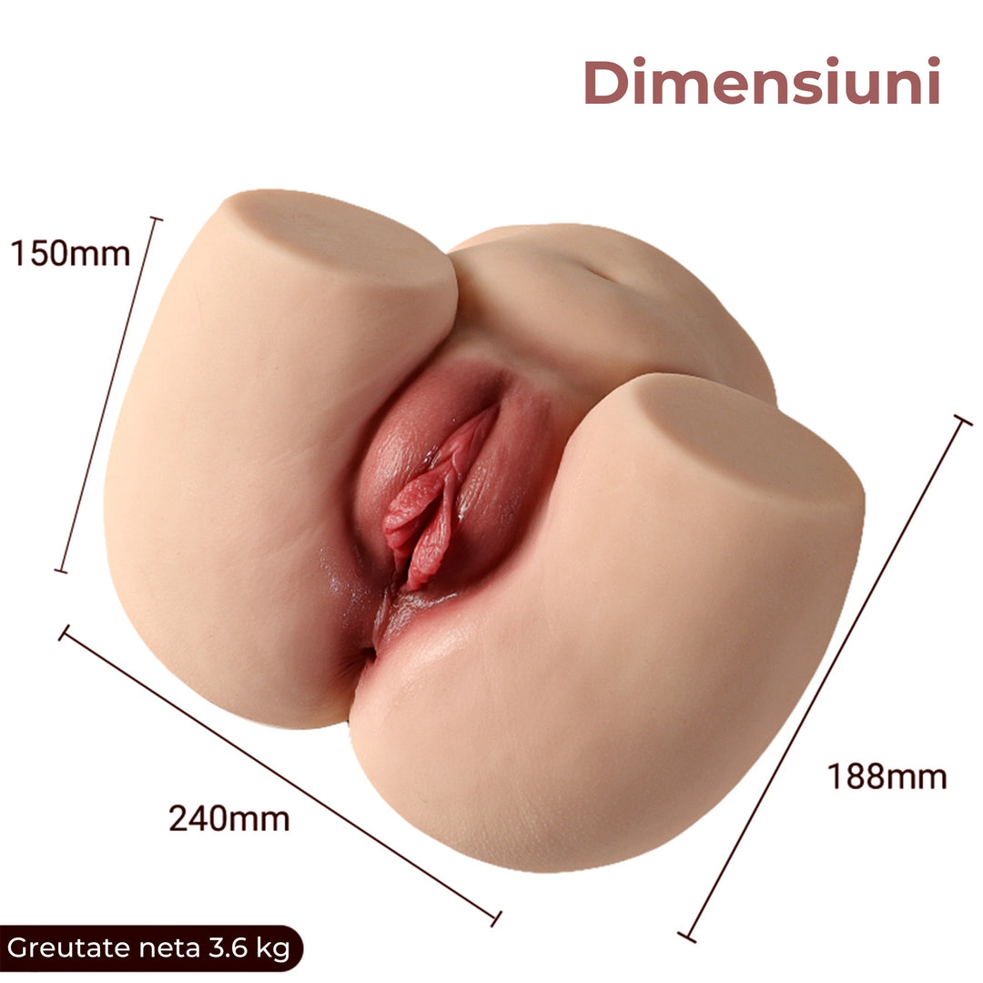 Masturbator doua canale LovePlay™ MissHer plus size, ultra-realist, anal si vaginal, cu striatii 3D, din silicon premium non-toxic, design coapse anatomic, usor de curatat, din silicon elastic si rezistent la apa, 3.6 kg - LovePlay