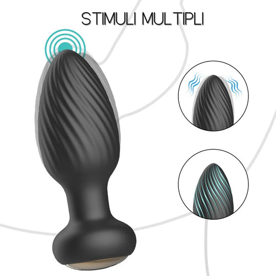Dop Anal LovePlay™ TwistGasm, cu 7 moduri de rotatii, 7 moduri de vibratii, pentru stimulare anala si punct G, control prin aplicatie, telecomanda, rezistent la apa, din silicon, negru, diametru 35 mm - LovePlay