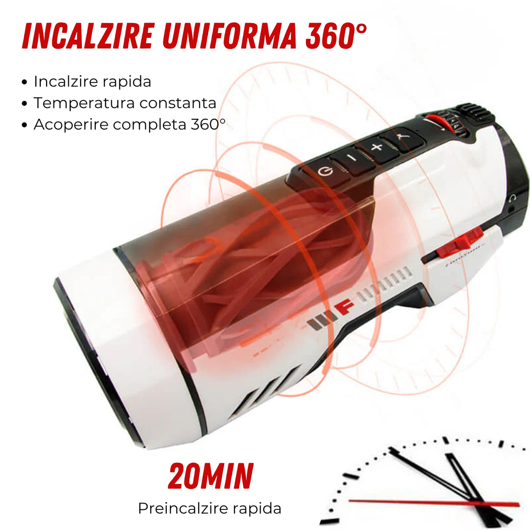 Masturbator Automat LovePlay™ FuturePro, 10 Viteze, 10 Moduri de Suctiune, Incalzire 360° cu Aer Cald 40°C, Piston Dual cu Volante, Miscare Telescopica Reglabila 2–12 cm, Silicon Premium, Alb - LovePlay