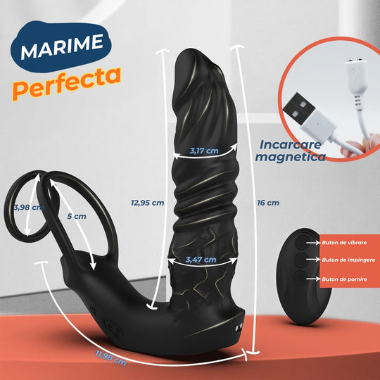 Vibrator anal Obsessia® PowerThrust, 5 în 1 cu inel, mișcare telescopică, 9 moduri vibrație, control prin aplicație, negru