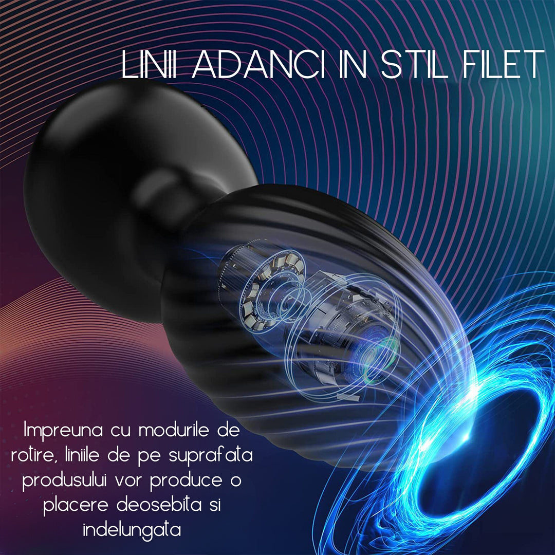 Dop Anal LovePlay™ TwistGasm, cu 7 moduri de rotatii, 7 moduri de vibratii, pentru stimulare anala si punct G, control prin aplicatie, telecomanda, rezistent la apa, din silicon, negru, diametru 35 mm - LovePlay