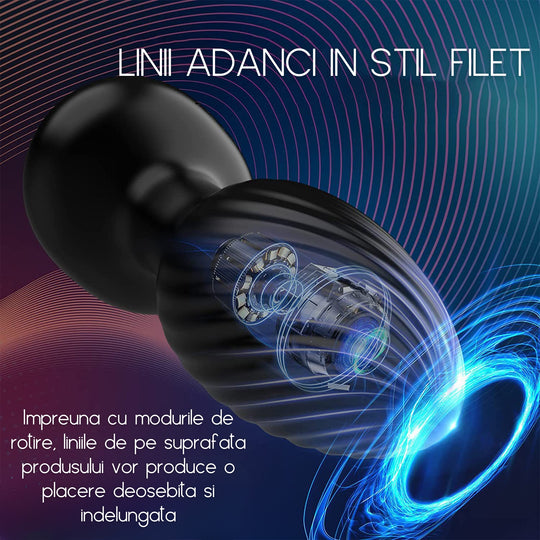 Dop Anal LovePlay™ TwistGasm, cu 7 moduri de rotatii, 7 moduri de vibratii, pentru stimulare anala si punct G, control prin aplicatie, telecomanda, rezistent la apa, din silicon, negru, diametru 35 mm - LovePlay