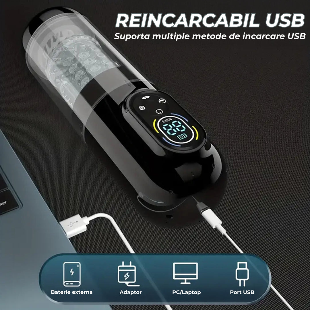 Masturbator automat Obsessia® AquaPulse, 6-in-1, cu 7 moduri de suctiune si de vibratie, 7 moduri de rotatie & miscare inainte-inapoi, tip limba, functie SPA cu apa calda/rece, motor dual puternic, USB, ham utilizare hands-free, jucarii sexuale premium