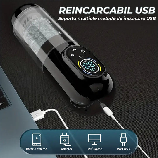 Masturbator automat Obsessia® AquaPulse, 6-in-1, cu 7 moduri de suctiune si de vibratie, 7 moduri de rotatie & miscare inainte-inapoi, tip limba, functie SPA cu apa calda/rece, motor dual puternic, USB, ham utilizare hands-free, jucarii sexuale premium