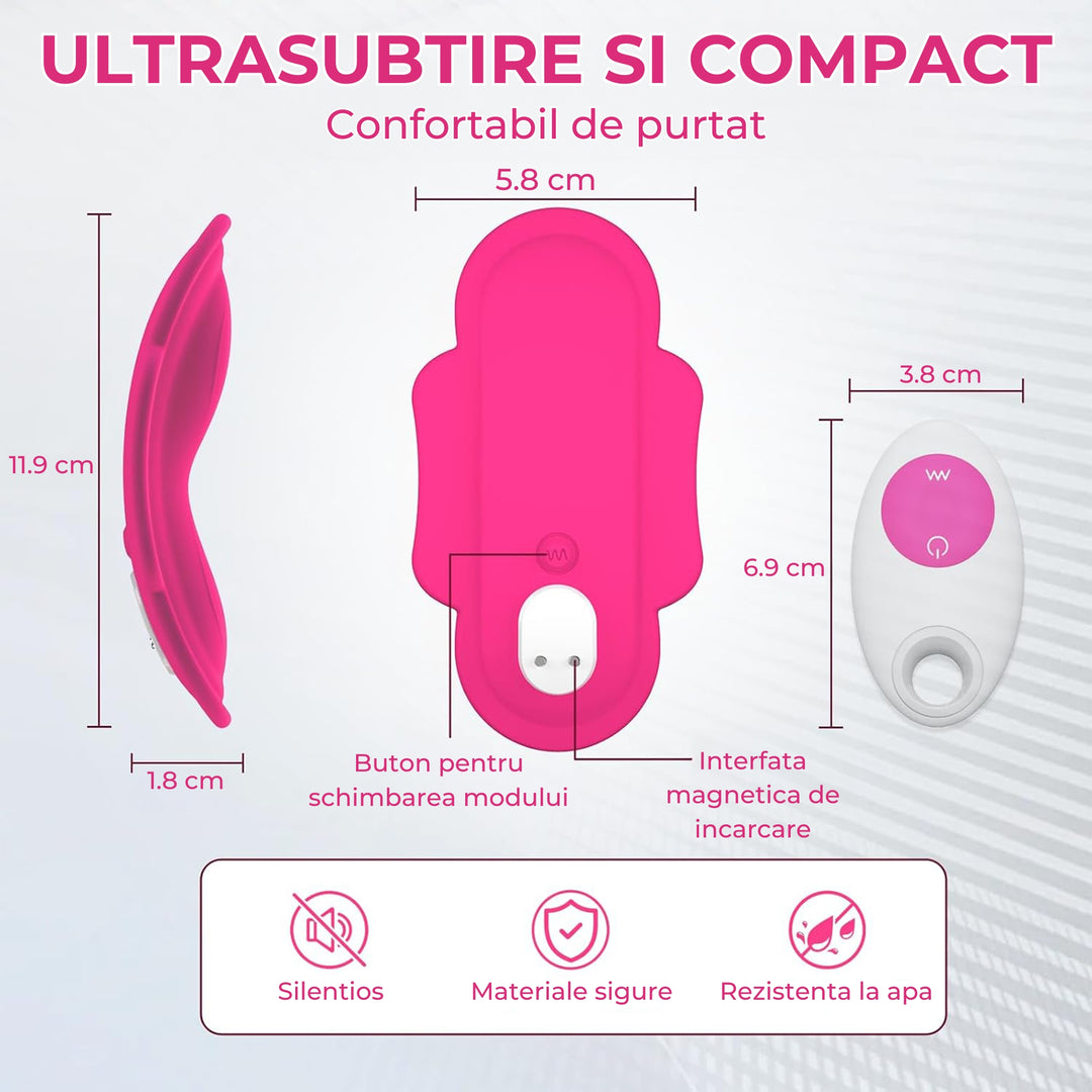 Vibrator LovePlay™ PantyPlay, cu 11 moduri de vibratie, 5 moduri de control prin aplicatie, telecomanda, pentru stimulare clitoridiana si vaginala, cu design purtabil, functie de control vocal, ultra-silentios, incarcabil USB, rezistent la apa, roz - LovePlay