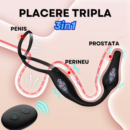 Set 2 in 1 LovePlay™ VibeLock, Vibrator Anal pentru stimularea prostatei si Inel de penis, cu 10 tipuri diferite de vibratie, control de la distanta prin telecomanda, rezistent la apa, din silicon, 30 x 2.5 x 2.5 cm - LovePlay
