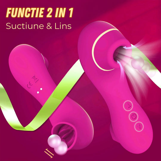 Vibrator 2in1 LovePlay ™ portabil, cu 10 moduri diferite de vibratie, functie de stimulare orala, efect suctie, silentios, din silicon, rezistent la apa, incarcare USB - LovePlay