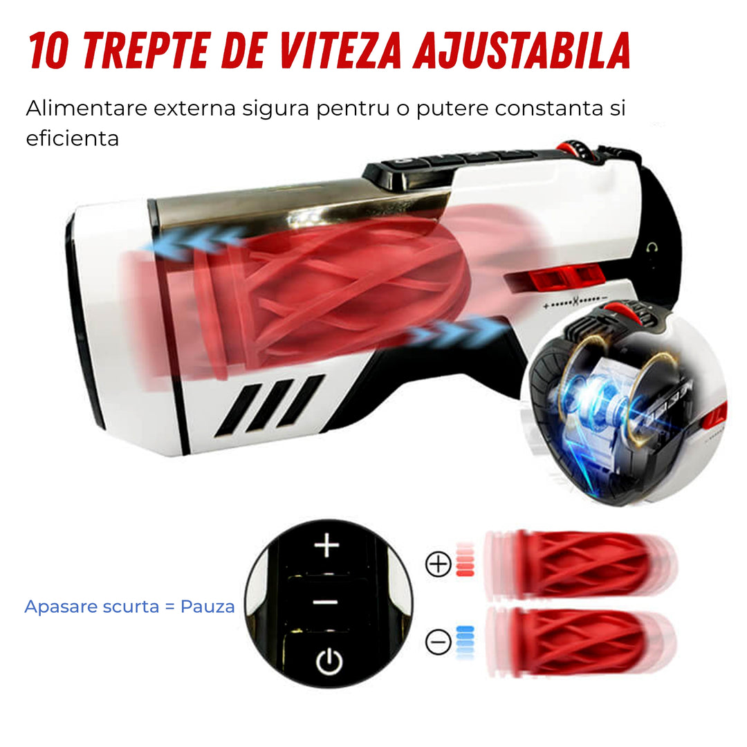 Masturbator Automat LovePlay™ FuturePro, 10 Viteze, 10 Moduri de Suctiune, Incalzire 360° cu Aer Cald 40°C, Piston Dual cu Volante, Miscare Telescopica Reglabila 2–12 cm, Silicon Premium, Alb - LovePlay