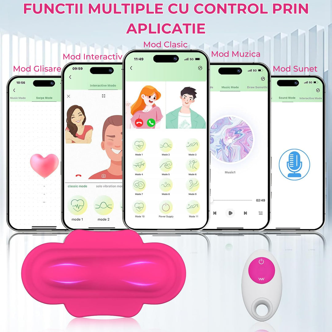 Vibrator LovePlay™ PantyPlay, cu 11 moduri de vibratie, 5 moduri de control prin aplicatie, telecomanda, pentru stimulare clitoridiana si vaginala, cu design purtabil, functie de control vocal, ultra-silentios, incarcabil USB, rezistent la apa, roz - LovePlay