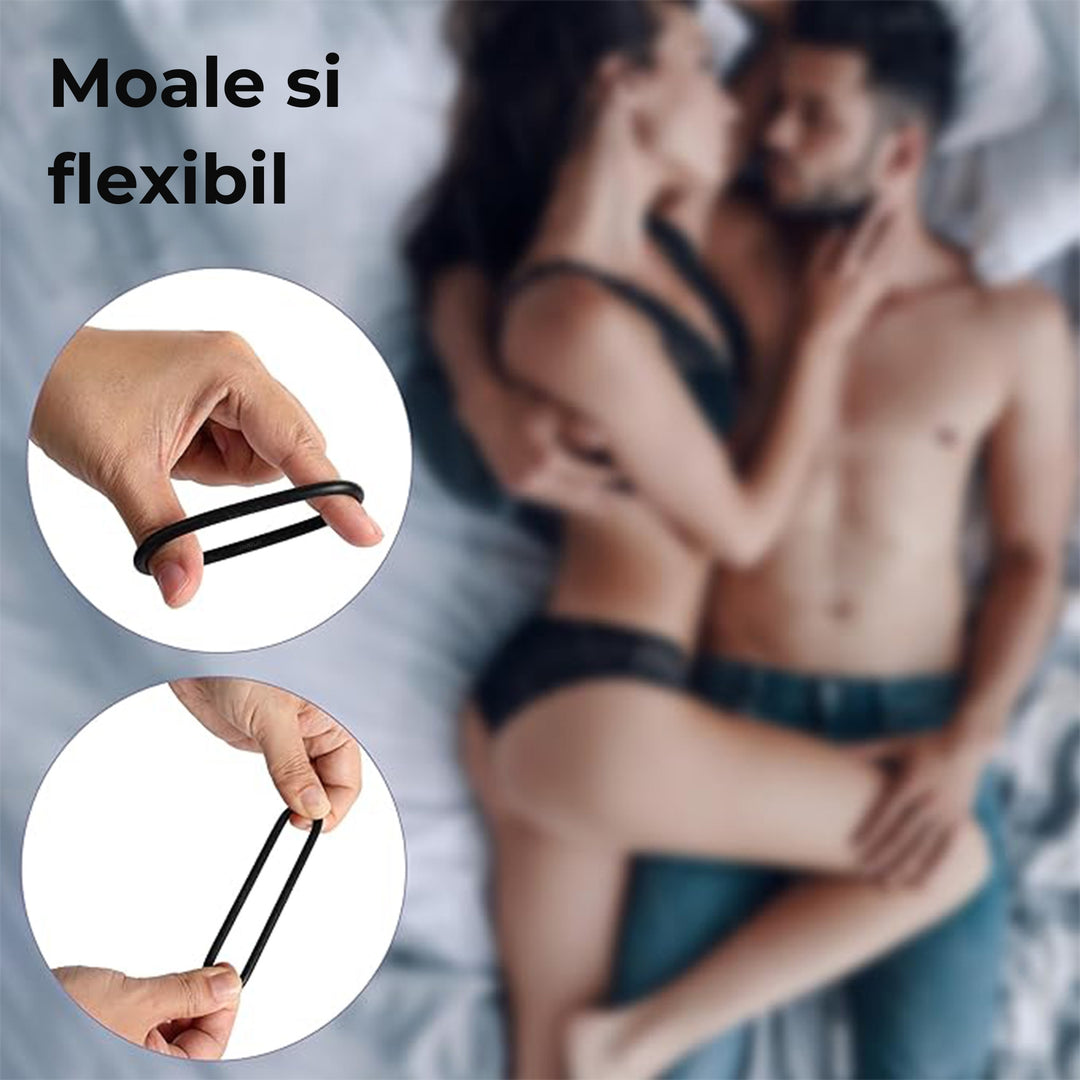Set 3 inele de penis LovePlay™ pentru mentinerea erectiei si intarzierea ejacularii, din silicon, 3 dimeniuni: 5cm, 4cm si 3cm, negru, confortabile si usor de utilizat - LovePlay