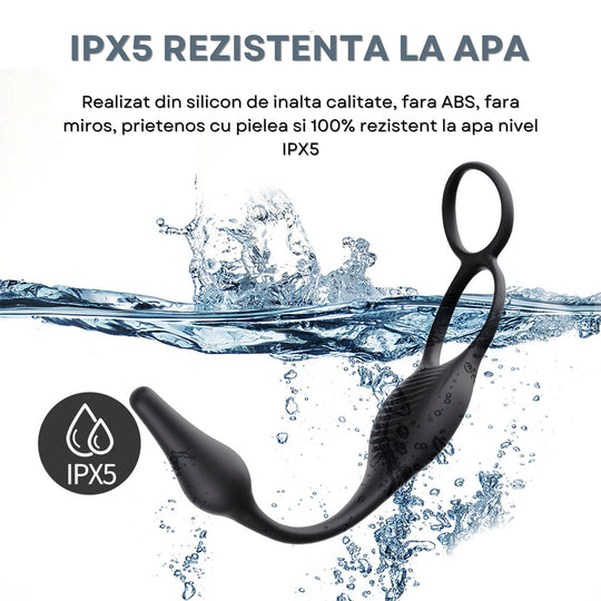 Set 2 in 1 LovePlay™ VibeLock, Vibrator Anal pentru stimularea prostatei si Inel de penis, cu 10 tipuri diferite de vibratie, control de la distanta prin telecomanda, rezistent la apa, din silicon, 30 x 2.5 x 2.5 cm - LovePlay