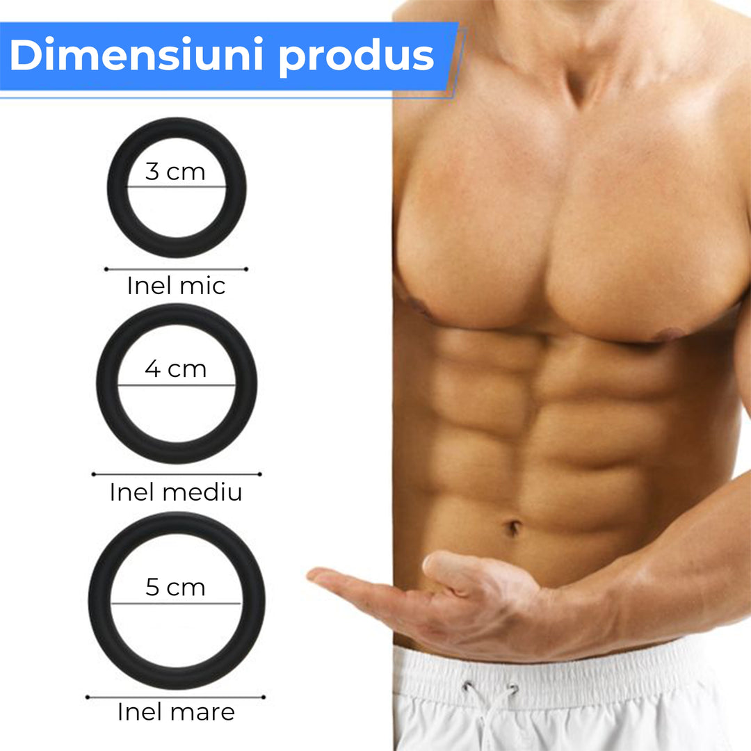 Set 3 inele de penis LovePlay™ pentru mentinerea erectiei si intarzierea ejacularii, din silicon, 3 dimeniuni: 5cm, 4cm si 3cm, negru, confortabile si usor de utilizat - LovePlay