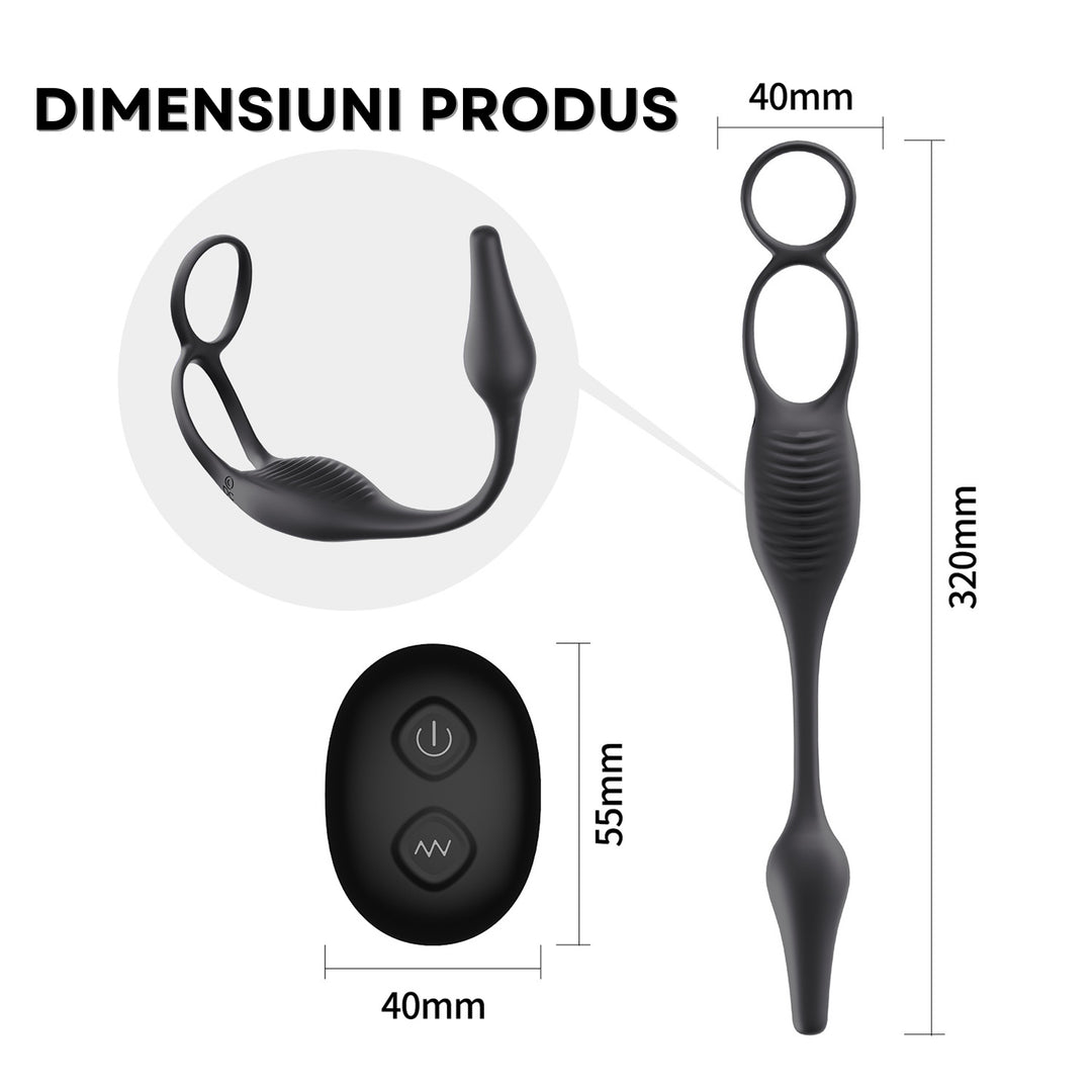 Set 2 in 1 LovePlay™ VibeLock, Vibrator Anal pentru stimularea prostatei si Inel de penis, cu 10 tipuri diferite de vibratie, control de la distanta prin telecomanda, rezistent la apa, din silicon, 30 x 2.5 x 2.5 cm - LovePlay