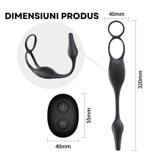 Set 2 in 1 LovePlay™ VibeLock, Vibrator Anal pentru stimularea prostatei si Inel de penis, cu 10 tipuri diferite de vibratie, control de la distanta prin telecomanda, rezistent la apa, din silicon, 30 x 2.5 x 2.5 cm - LovePlay