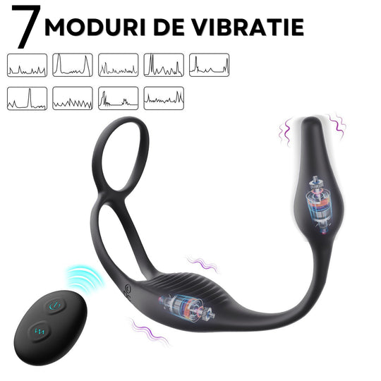 Set 2 in 1 LovePlay™ VibeLock, Vibrator Anal pentru stimularea prostatei si Inel de penis, cu 10 tipuri diferite de vibratie, control de la distanta prin telecomanda, rezistent la apa, din silicon, 30 x 2.5 x 2.5 cm - LovePlay