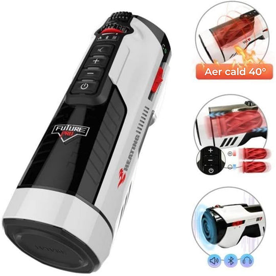 Masturbator Automat LovePlay™ FuturePro, 10 Viteze, 10 Moduri de Suctiune, Incalzire 360° cu Aer Cald 40°C, Piston Dual cu Volante, Miscare Telescopica Reglabila 2–12 cm, Silicon Premium, Alb - LovePlay
