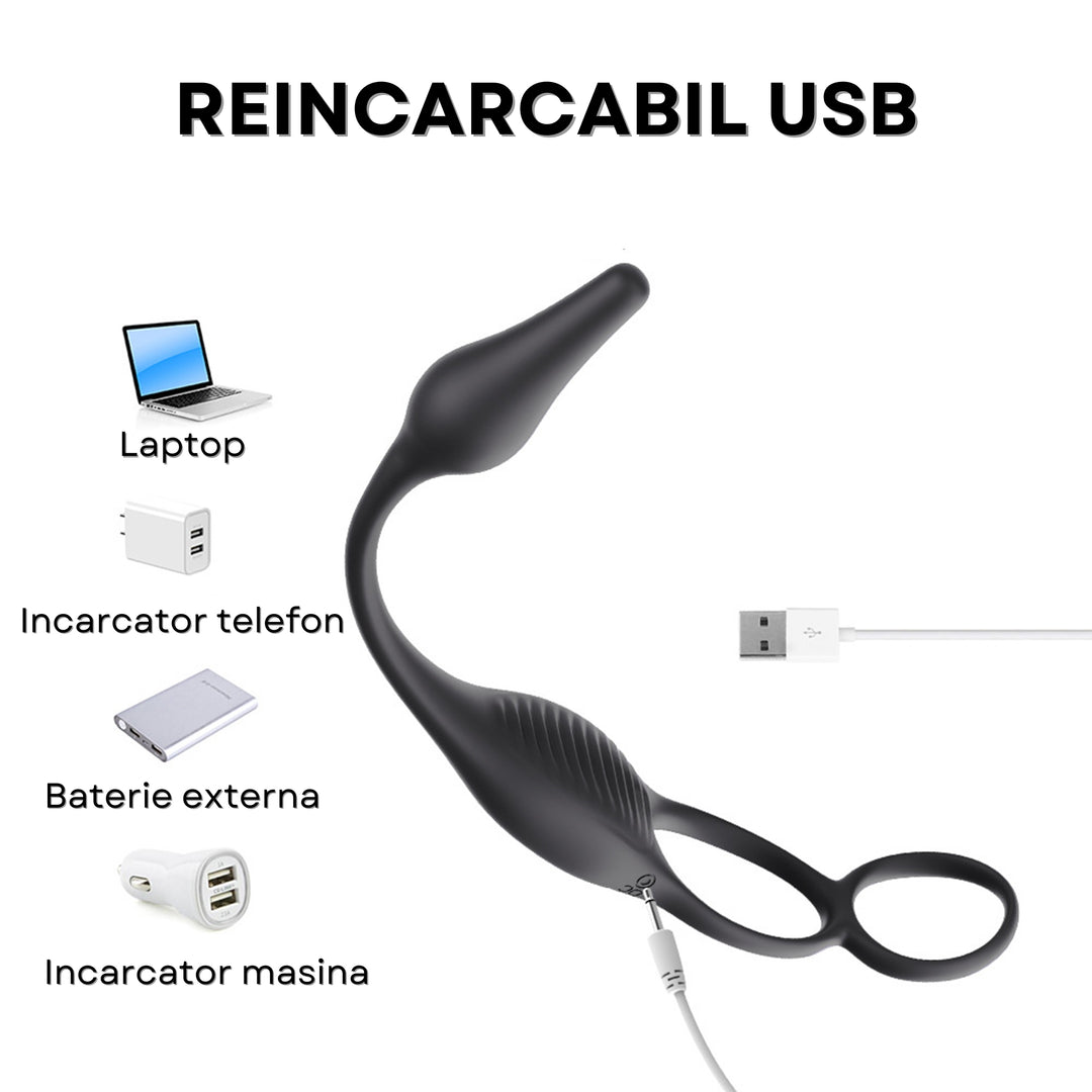 Set 2 in 1 LovePlay™ VibeLock, Vibrator Anal pentru stimularea prostatei si Inel de penis, cu 10 tipuri diferite de vibratie, control de la distanta prin telecomanda, rezistent la apa, din silicon, 30 x 2.5 x 2.5 cm - LovePlay