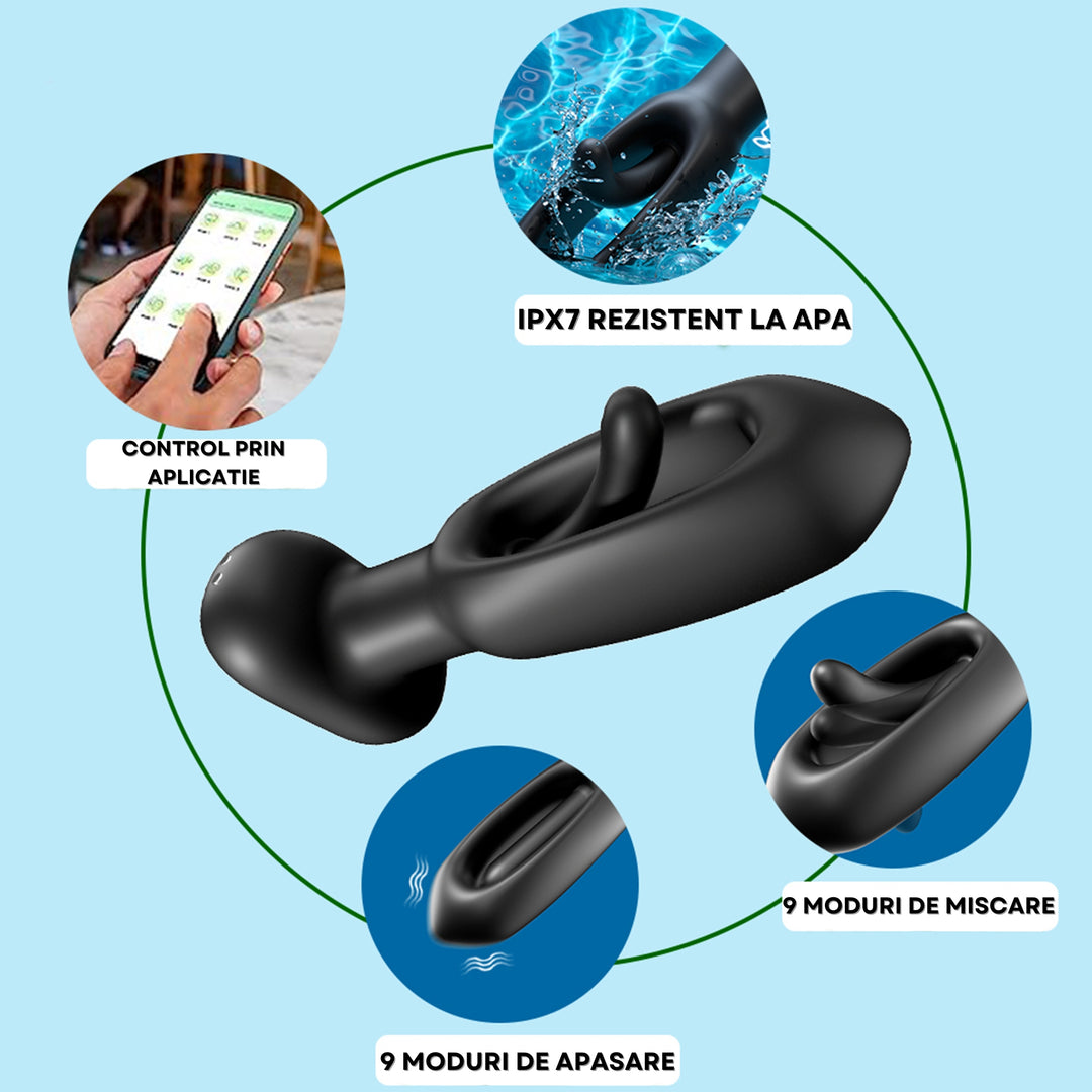 Vibrator LovePlay™ Anal Butt Plug, cu 9 moduri diferite de tapping, silentios, incarcare USB, design discret, din silicon, 14x2.5x8.5 cm - LovePlay