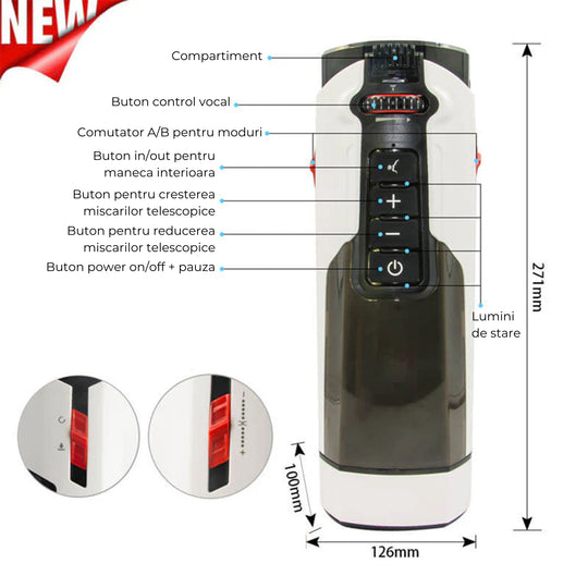 Masturbator Automat LovePlay™ FuturePro, 10 Viteze, 10 Moduri de Suctiune, Incalzire 360° cu Aer Cald 40°C, Piston Dual cu Volante, Miscare Telescopica Reglabila 2–12 cm, Silicon Premium, Alb - LovePlay