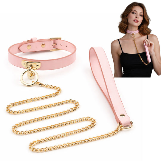 Lesa Obsessia® GoodGirl din piele naturala, roz, premium, cu lant auriu, BSDM, pentru jocuri de cupluri, zgarda 42 x 1.8 cm, lesa 74.7 cm, 138 g, jucarii sexuale cuplu