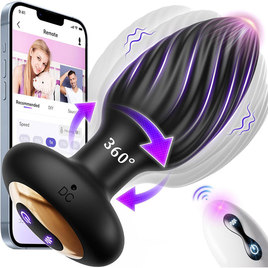 Dop Anal LovePlay™ TwistGasm, cu 7 moduri de rotatii, 7 moduri de vibratii, pentru stimulare anala si punct G, control prin aplicatie, telecomanda, rezistent la apa, din silicon, negru, diametru 35 mm - LovePlay