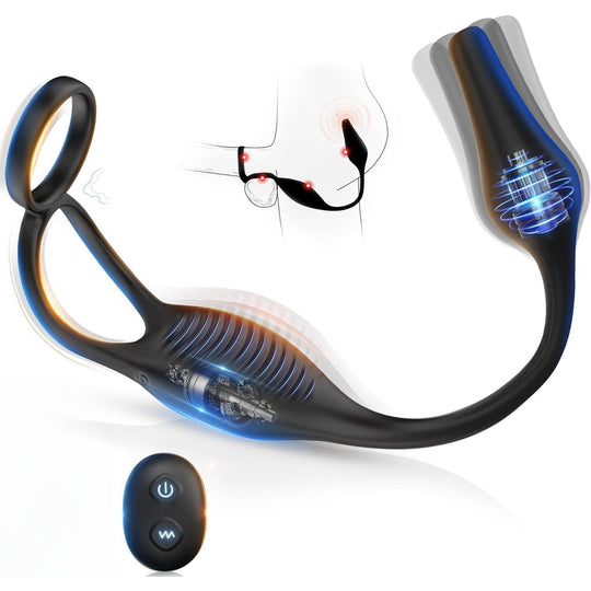 Set 2 in 1 LovePlay™ VibeLock, Vibrator Anal pentru stimularea prostatei si Inel de penis, cu 10 tipuri diferite de vibratie, control de la distanta prin telecomanda, rezistent la apa, din silicon, 30 x 2.5 x 2.5 cm - LovePlay