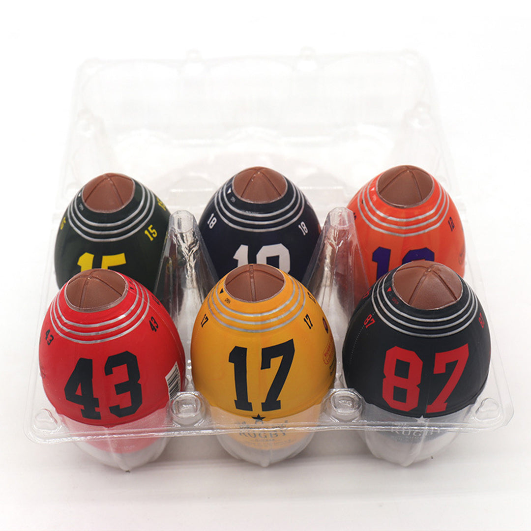 Set Masturbatoare LovePlay™ RugbyEgg, pachet 6 mini mingi rugby diferite, portabile 9 x 5 cm, din silicon, de unica folosinta - LovePlay