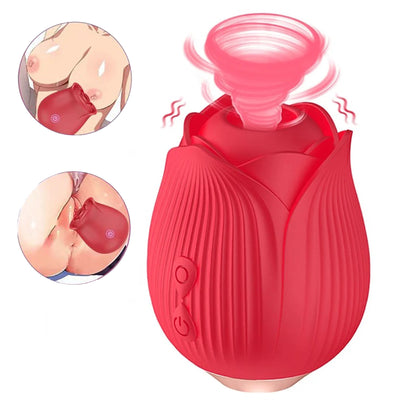 Vibrator LovePlay™ RedRose, cu 10 moduri de vibratie diferite, functie de suctiune, pentru stimularea sanilor si a clitorisului, design discret, rezistent la apa, rosu, reincarcabil prin cablu usb - LovePlay