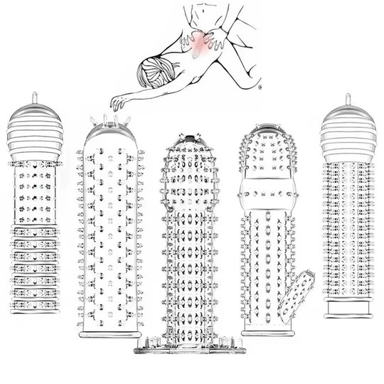 Set de 5 prezervative LovePlay™ BestTime, transparent, cu striatii, din silicon premium, cu efect de extensie, stimulare clitoridiana, usor de transportat si utilizat - LovePlay