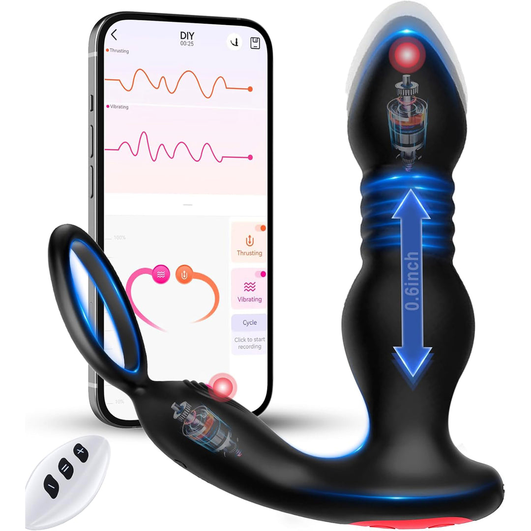 Vibrator Anal 3-in-1 LovePlay™ ThrustMaster, 7 Moduri de Vibratie, cu Miscare de Piston, Inel pentru Penis, Control prin Aplicatie si Telecomanda, Rezistent la Apa, Silicon Premium - LovePlay
