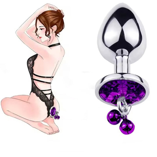 Dop anal Obsessia GoodGirl, cu clopoței și bijuterie mov, oțel inoxidabil, M, 8.2 x 3.3 cm, argintiu
