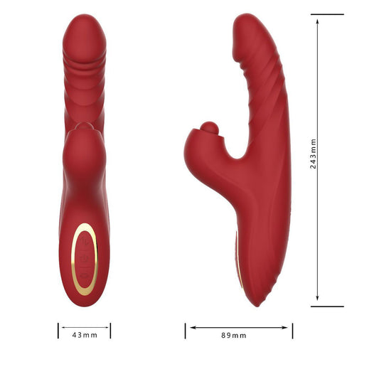 Vibrator LovePlay 4 in 1 RedRabbit, cu 5 tipuri de suctie si 10 de vibratie, tip iepure, motor dublu, design discret, incarcare USB, stimulare vaginala, clitoridiana, puncte C, G si A, din silicon, rosu, 10 x 10 x 20 cm - LovePlay