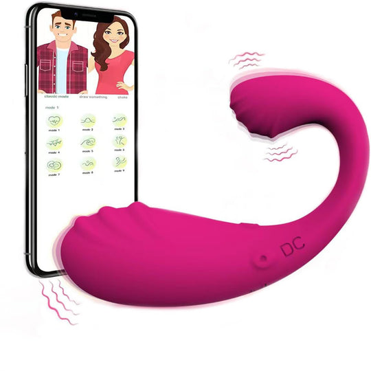 Vibrator 2in1 LovePlay™ Delfy, cu 9 tipuri diferite de vibratie, cu striatii, pentru stimulare vaginala si clitoridiana, rezistent la apa, control de la distanta prin aplicatie, incarcare USB, 9.2 x 1.8 cm - LovePlay