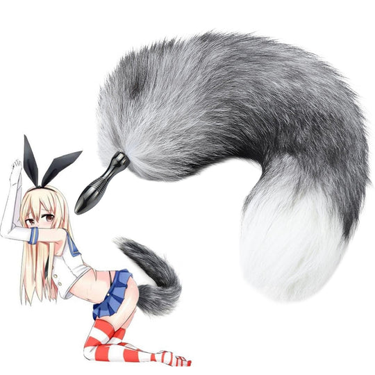 Dop anal Obsessia® Foxy, din metal, cu accesoriu coada din blana gri, jucarii sexuale pentru rol in cuplu