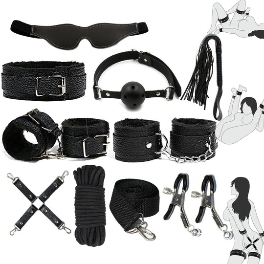 Set complet de accesorii BDSM YesSir LovePlay™ format din catuse pentru maini si picioare, bici, lesa, zgarda, masca de ochi, clesti pentru sfarcuri, prinzatori de pat, din piele ecologica, negru, ajustabil - LovePlay