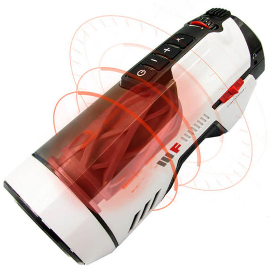 Masturbator Automat LovePlay™ FuturePro, 10 Viteze, 10 Moduri de Suctiune, Incalzire 360° cu Aer Cald 40°C, Piston Dual cu Volante, Miscare Telescopica Reglabila 2–12 cm, Silicon Premium, Alb - LovePlay